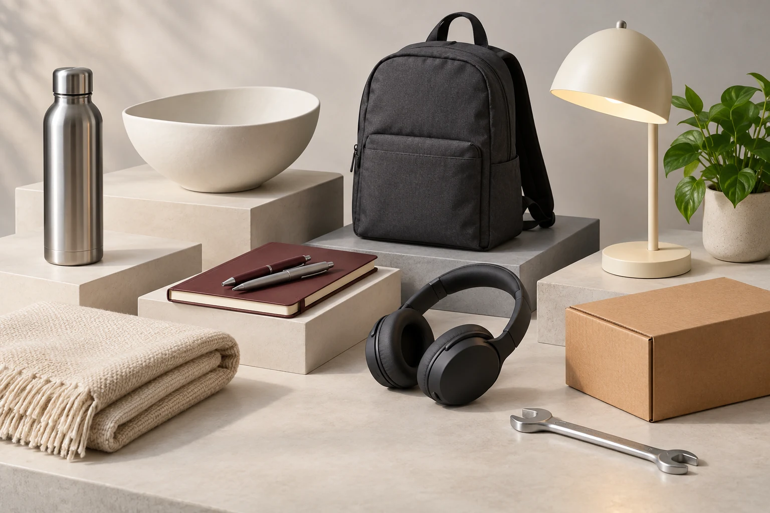 Illustrative assortment of a bottle, ceramic bowl, notebook, backpack, lighting, textiles, headphones, packaging and a hand tool
